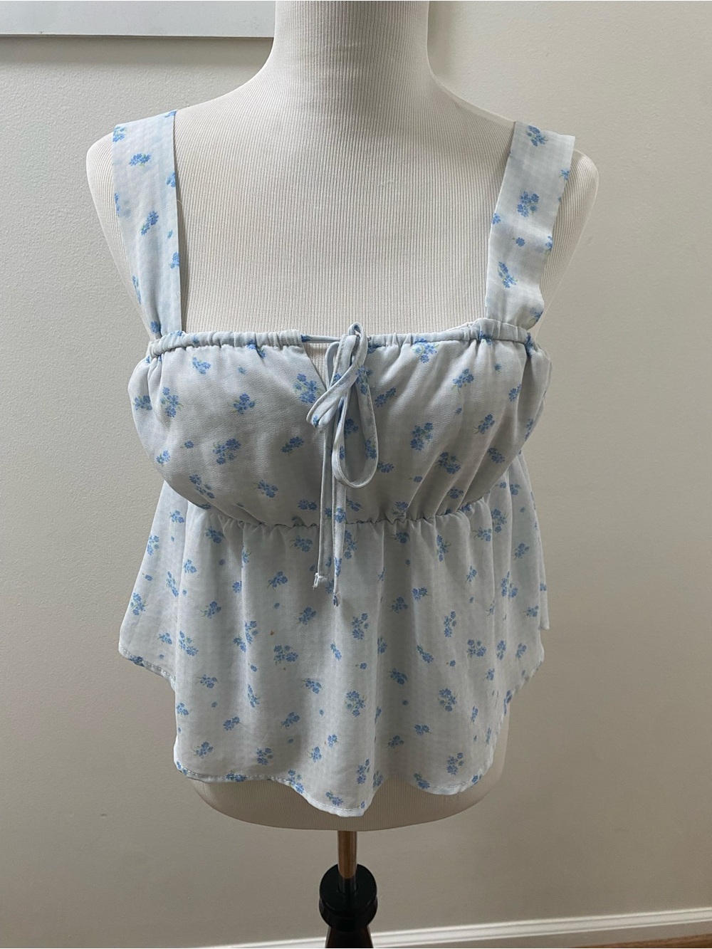 Light Blue Floral Tie-Front Ruffled Tank Top